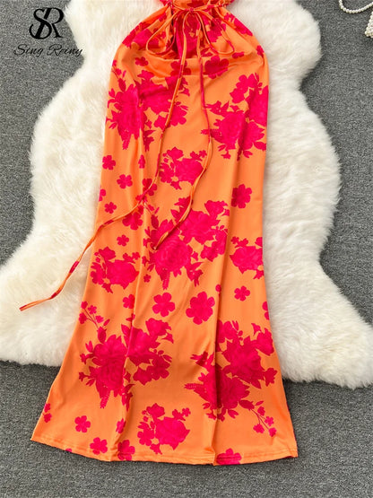 SINGREINY Spaghetti Strap Floral Long Dress - Slim Bodycon Design