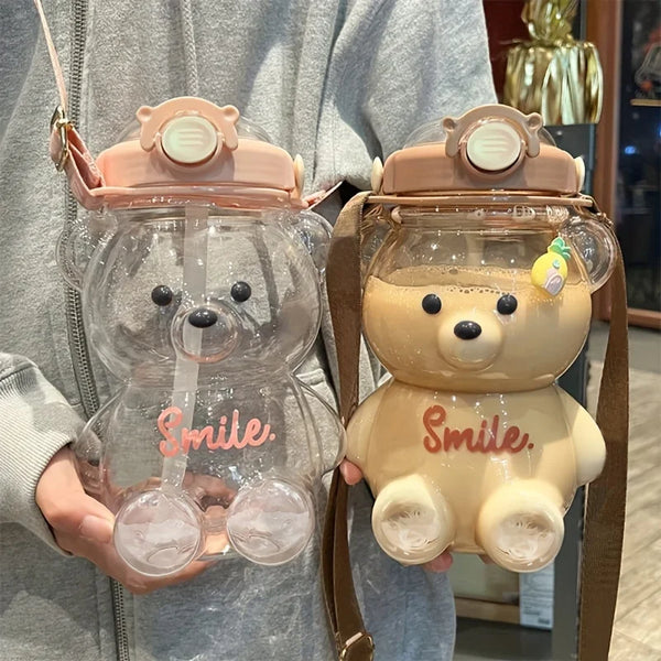 1000ML Large Capacity Cute Bear Water Bottle 2 In 1 Straw Cup