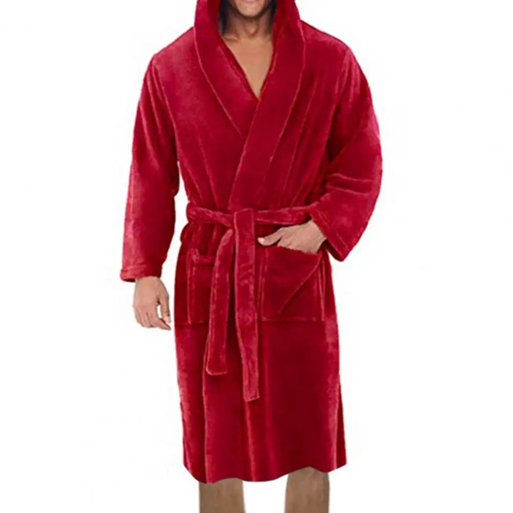 Men's Belt Flannel Bath Robe - Hooded Warm Sleepwear with Pockets