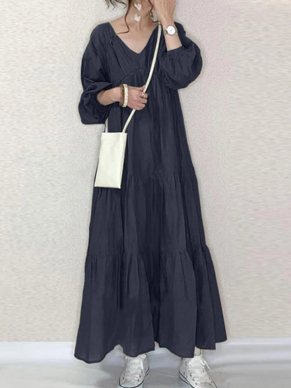 ZANZEA Women Autumn Long Dress - V-Neck Puff Sleeve Maxi Dress