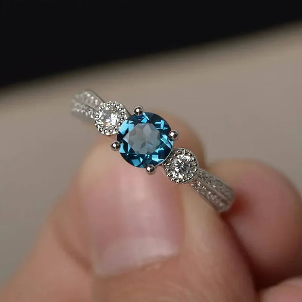 Fashion Female Ring 925 Sterling Silve Sea Blue Round Zircon Finger