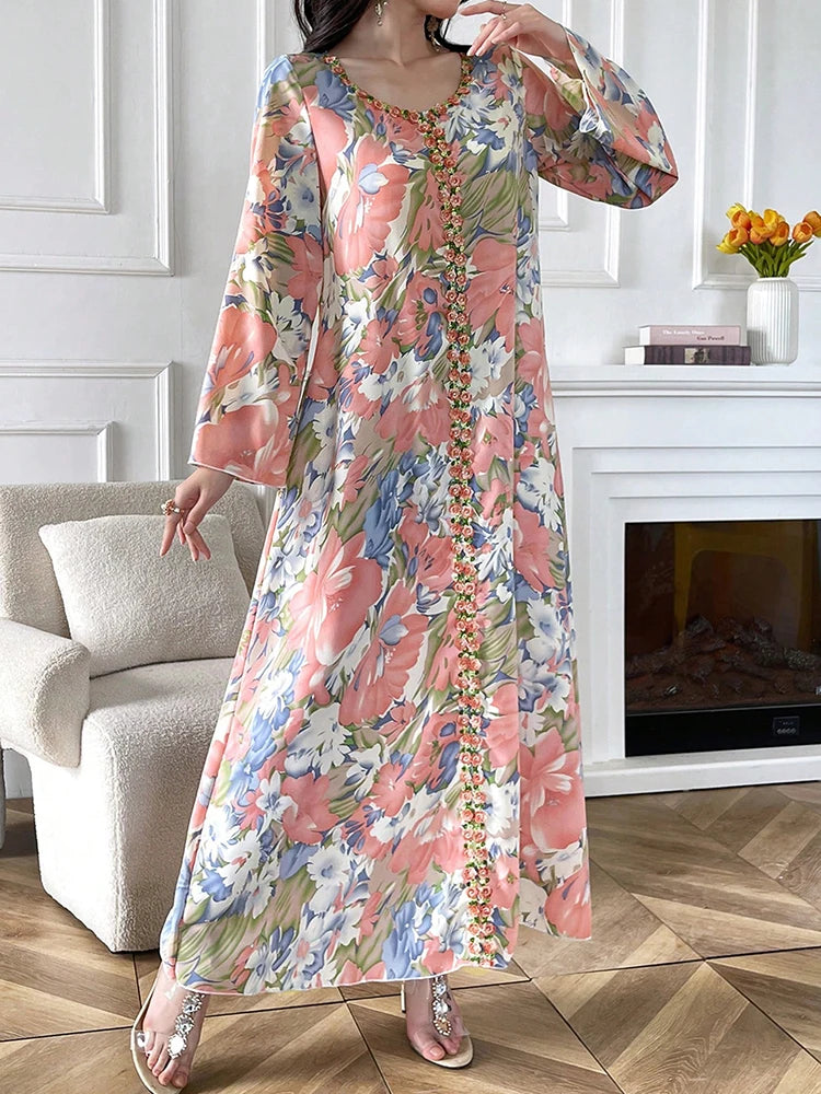 Women's Chic Jalabiya - Floral Long Sleeve V-Neck Maxi Dress