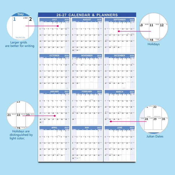 Year Calendar Wall Planner July 2026 June 2027 Time Management