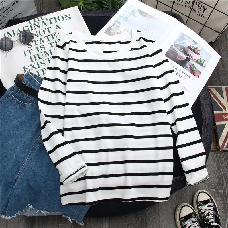 Women's Black Striped Long Sleeve T-Shirt - Spring & Autumn Wear