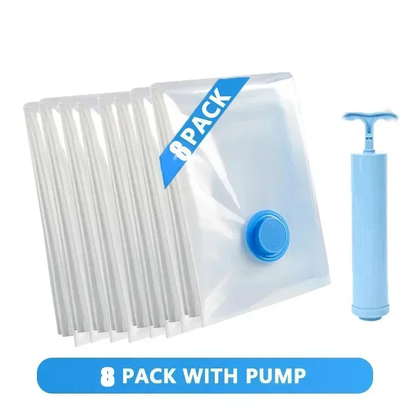 8PCS Vacuum Storage Bags - Space Saver Travel Storage with Hand-Pump