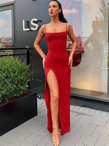 Women Summer Sexy Bodycon Dress - Spaghetti Strap Sleeve Split Sheath Dress