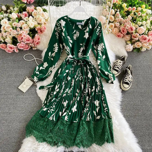 Women's Vintage Floral Print Long Dress - Elegant Spring & Autumn Party Robe