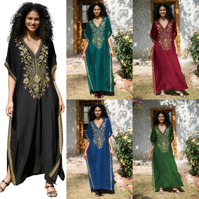 Women's Gold Embroidery Long Kaftan Dress | V Neck Caftan Beach Cover Up