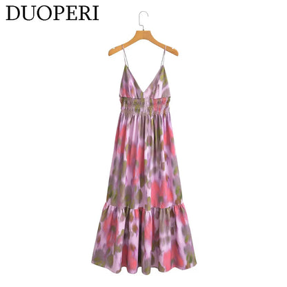 DUOPERI Printed V-Neck Backless Midi Dress - Casual Long Dress