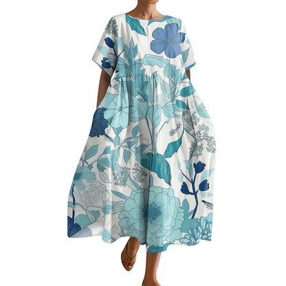 Ladies' Floral Print Maxi Dress - Round Neck Short Sleeve Beach Skirt
