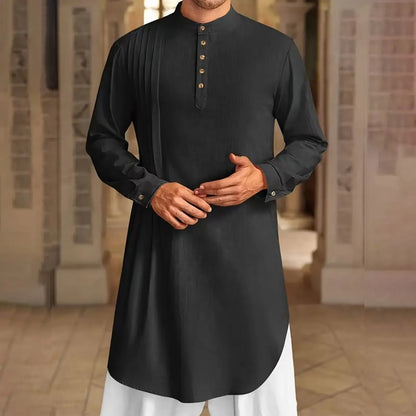 Men's Islamic Cotton Linen Shirt - Stand Collar Kurta Robe
