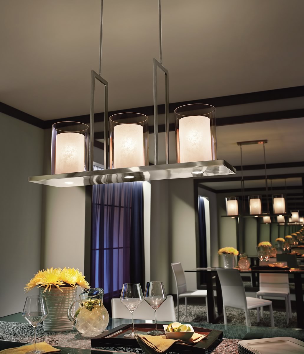 Triad Collection 6-Light Linear Chandelier with Layered Glass Shades – Pewter Finish