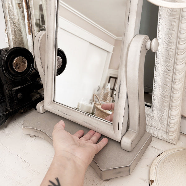 Distressed White Adjustable Wood Vanity Mirror – 18” Rustic Farmhouse Style