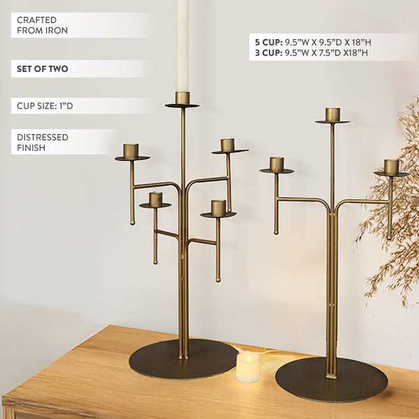 Freestanding Antique Iron Candelabra Set – Vintage 3-Cup & 5-Cup Candle Holders