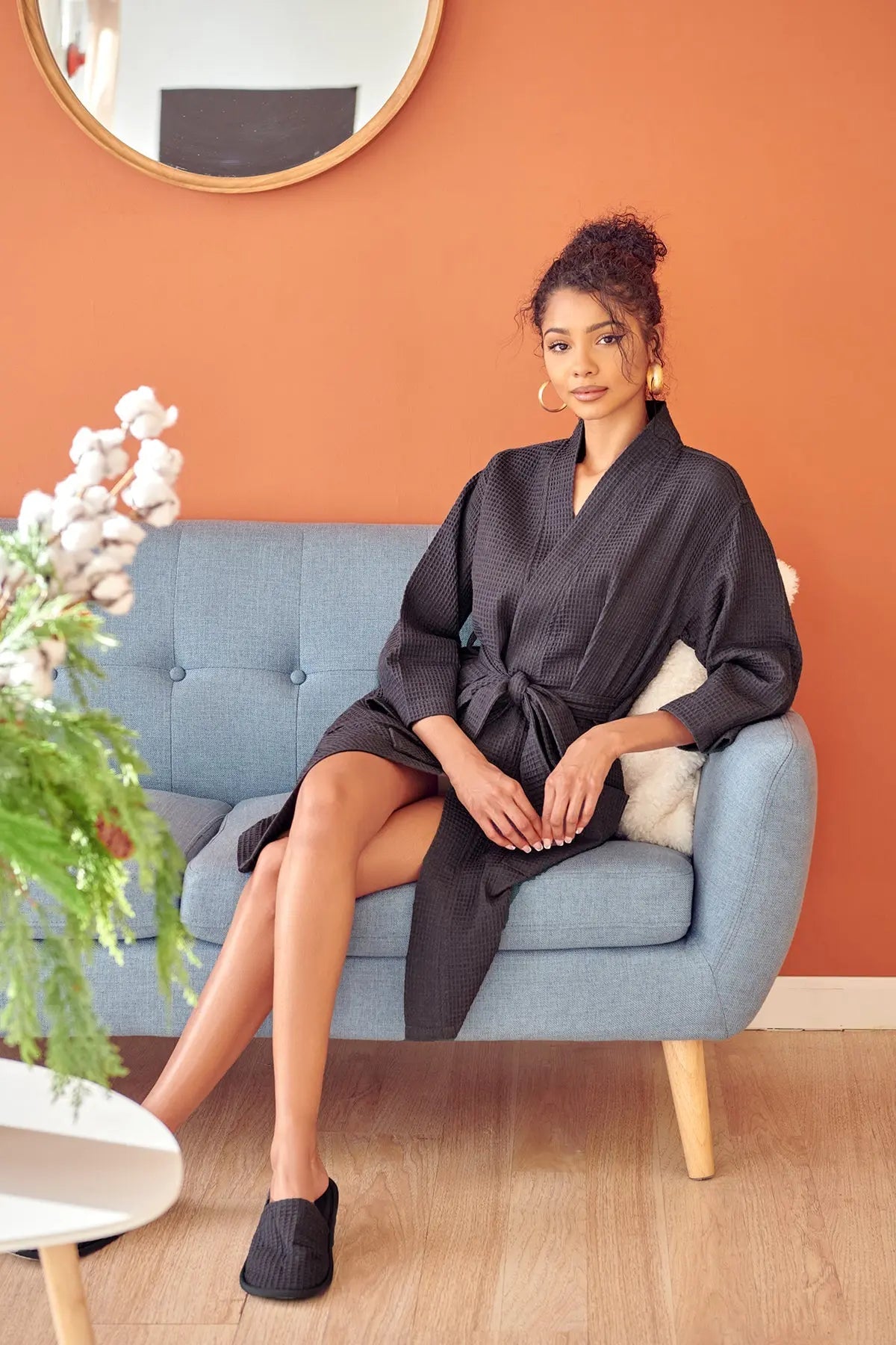 Women's Knee-Length Waffle Kimono Robe | Spa Comfort