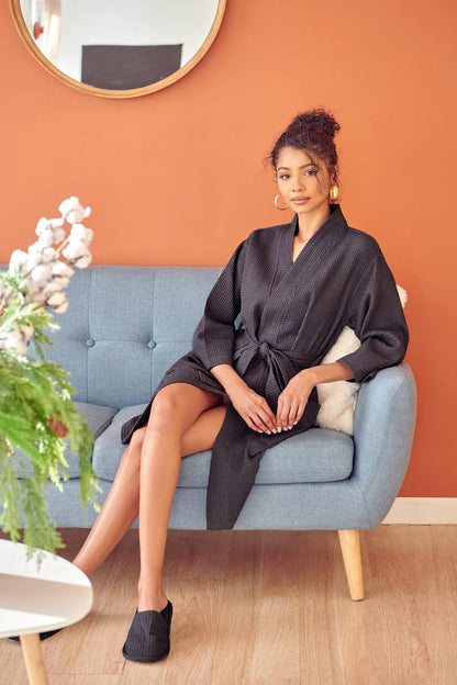 Women's Knee-Length Waffle Kimono Robe | Spa Comfort