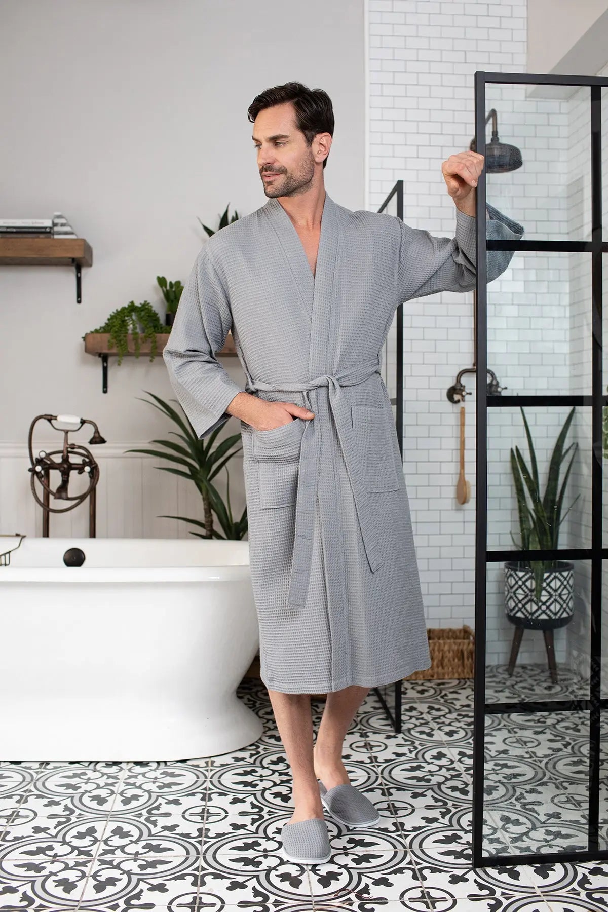 Men's Waffle Kimono Robe: Absorbent Lightweight Spa Wear