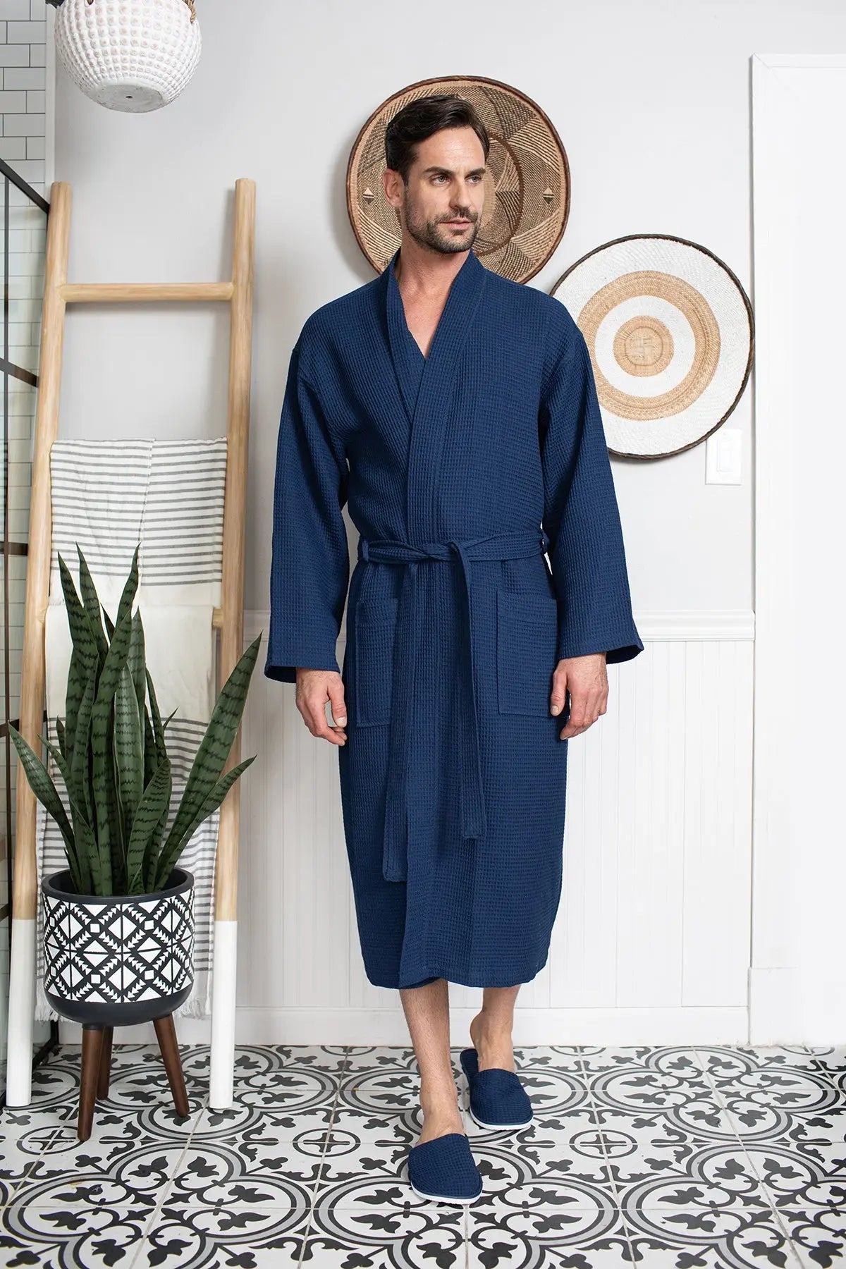 Men's Waffle Kimono Robe: Absorbent Lightweight Spa Wear
