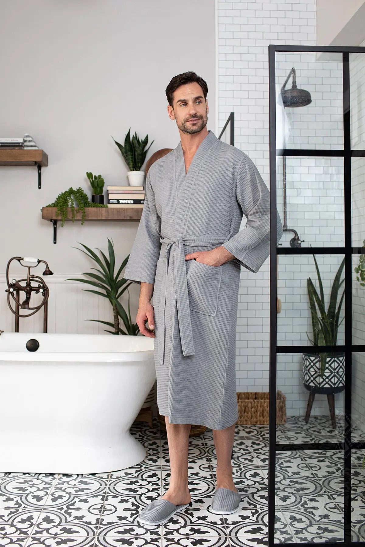 Men's Waffle Kimono Robe: Absorbent Lightweight Spa Wear