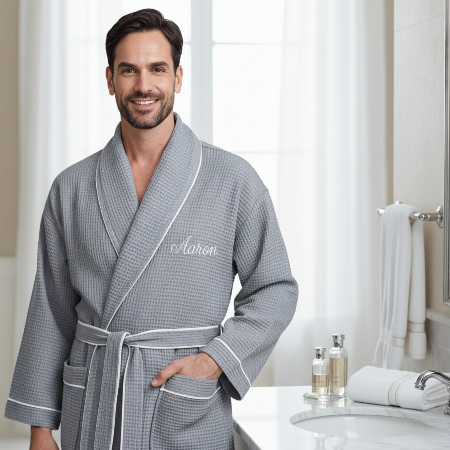 Premium Men's Waffle Robe with Contrast Piping Detail