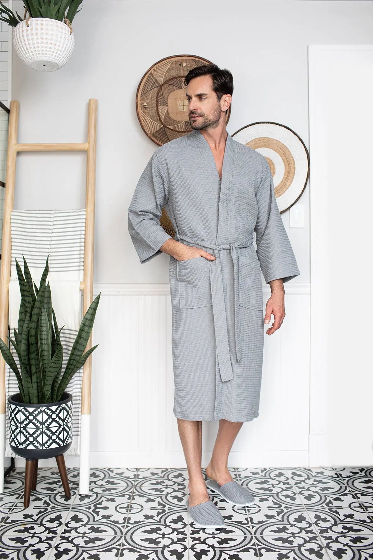 Men's Waffle Kimono Robe: Absorbent Lightweight Spa Wear