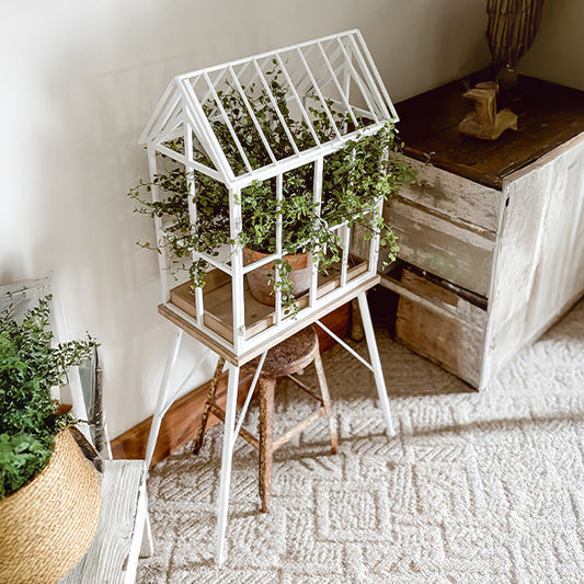 Greenhouse Style Outdoor Plant Stand with Swing Doors – White Metal & Wood Base
