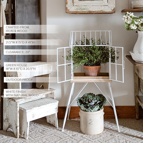 Greenhouse Style Outdoor Plant Stand with Swing Doors – White Metal & Wood Base