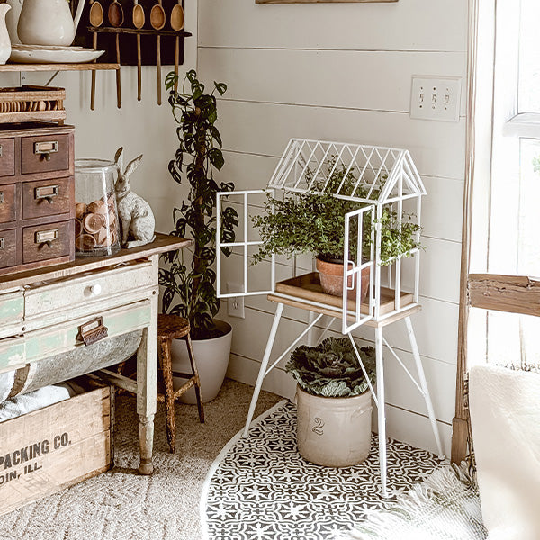 Greenhouse Style Outdoor Plant Stand with Swing Doors – White Metal & Wood Base