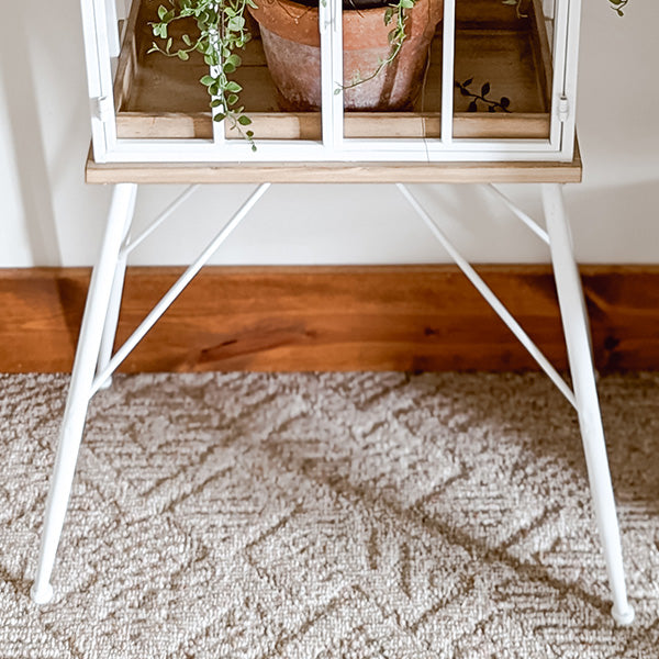 Greenhouse Style Outdoor Plant Stand with Swing Doors – White Metal & Wood Base