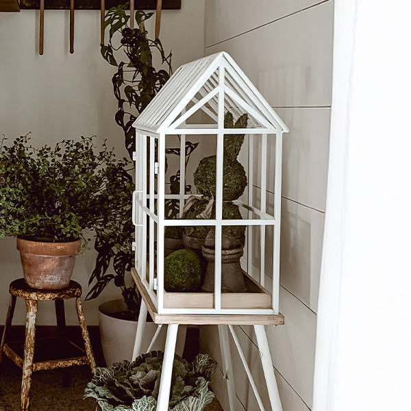 Greenhouse Style Outdoor Plant Stand with Swing Doors – White Metal & Wood Base