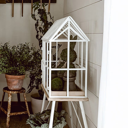 Greenhouse Style Outdoor Plant Stand with Swing Doors – White Metal & Wood Base