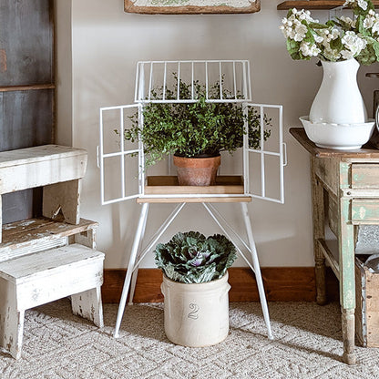 Greenhouse Style Outdoor Plant Stand with Swing Doors – White Metal & Wood Base