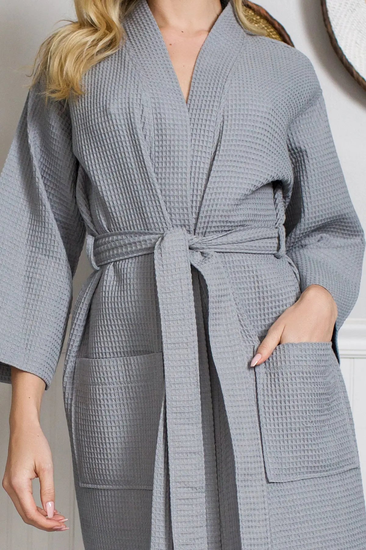 Women's Knee-Length Waffle Kimono Robe | Spa Comfort