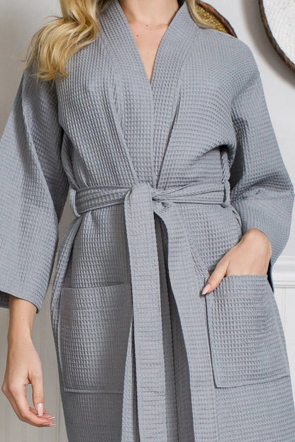 Women's Knee-Length Waffle Kimono Robe | Spa Comfort
