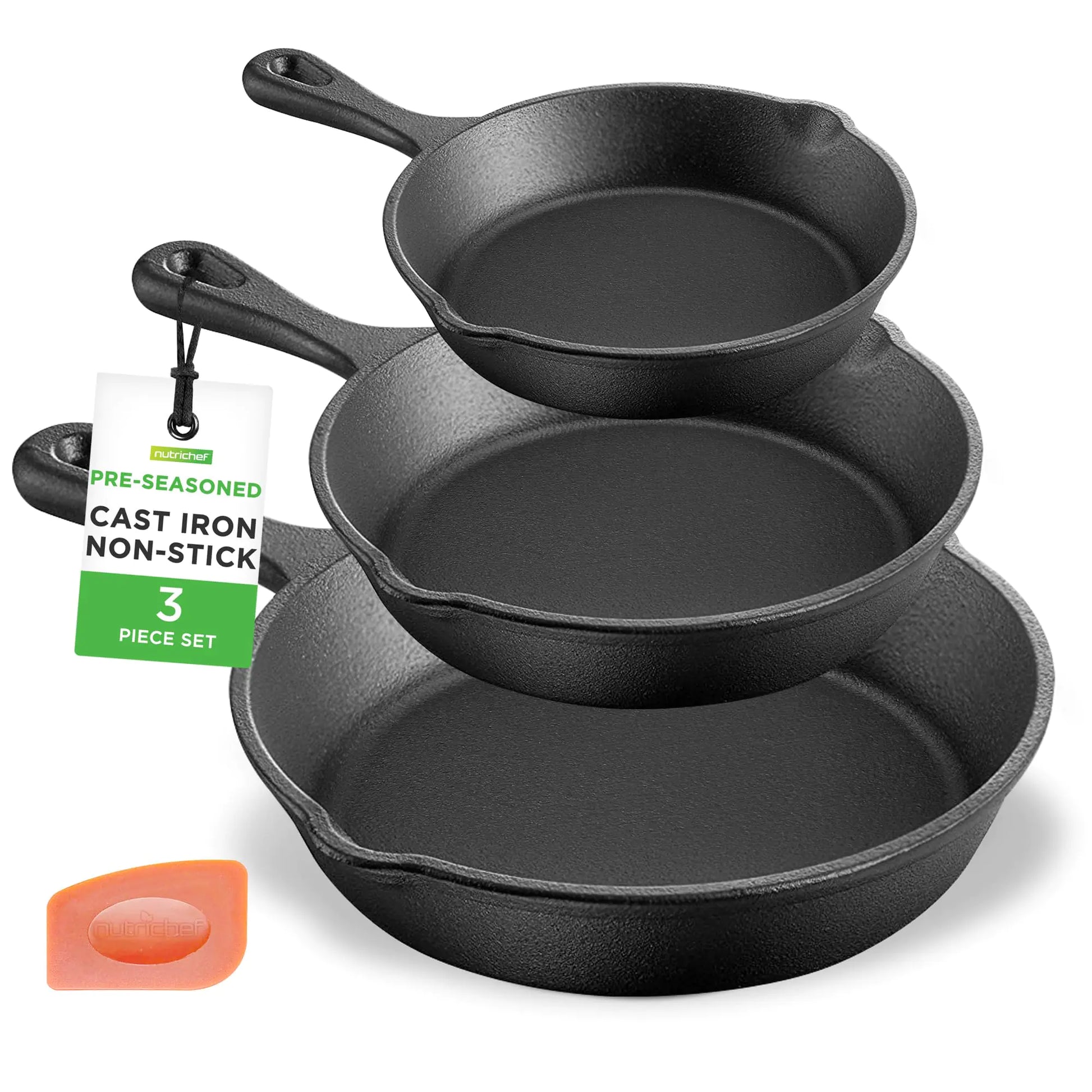 3-Pc Pre-Seasoned Cast Iron Skillet Set w/Scraper