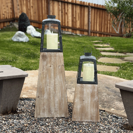 Removable Metal Lanterns with Wood Base – Set of 2 Rustic Modern Candle Holders