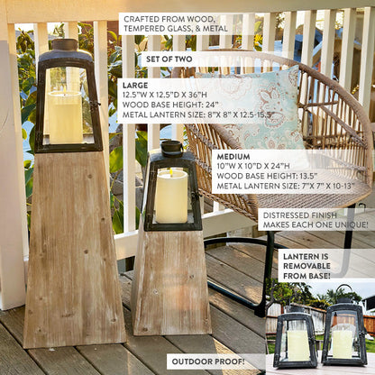 Removable Metal Lanterns with Wood Base – Set of 2 Rustic Modern Candle Holders