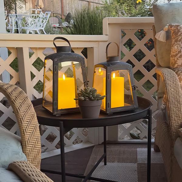 Removable Metal Lanterns with Wood Base – Set of 2 Rustic Modern Candle Holders
