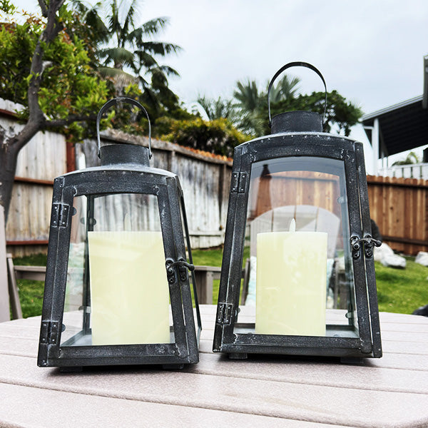 Removable Metal Lanterns with Wood Base – Set of 2 Rustic Modern Candle Holders