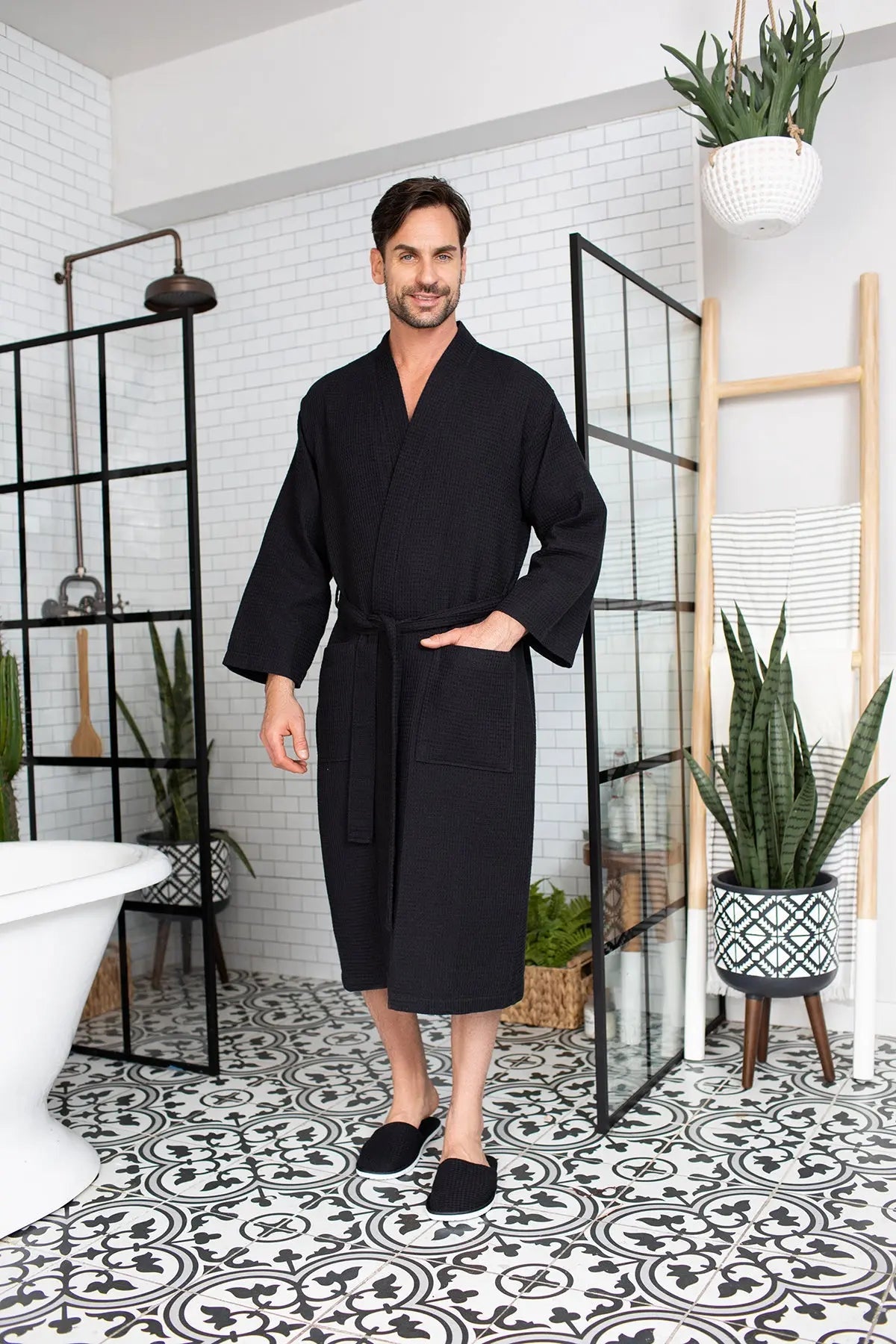 Men's Waffle Kimono Robe: Absorbent Lightweight Spa Wear