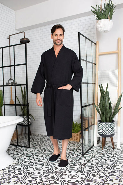Men's Waffle Kimono Robe: Absorbent Lightweight Spa Wear