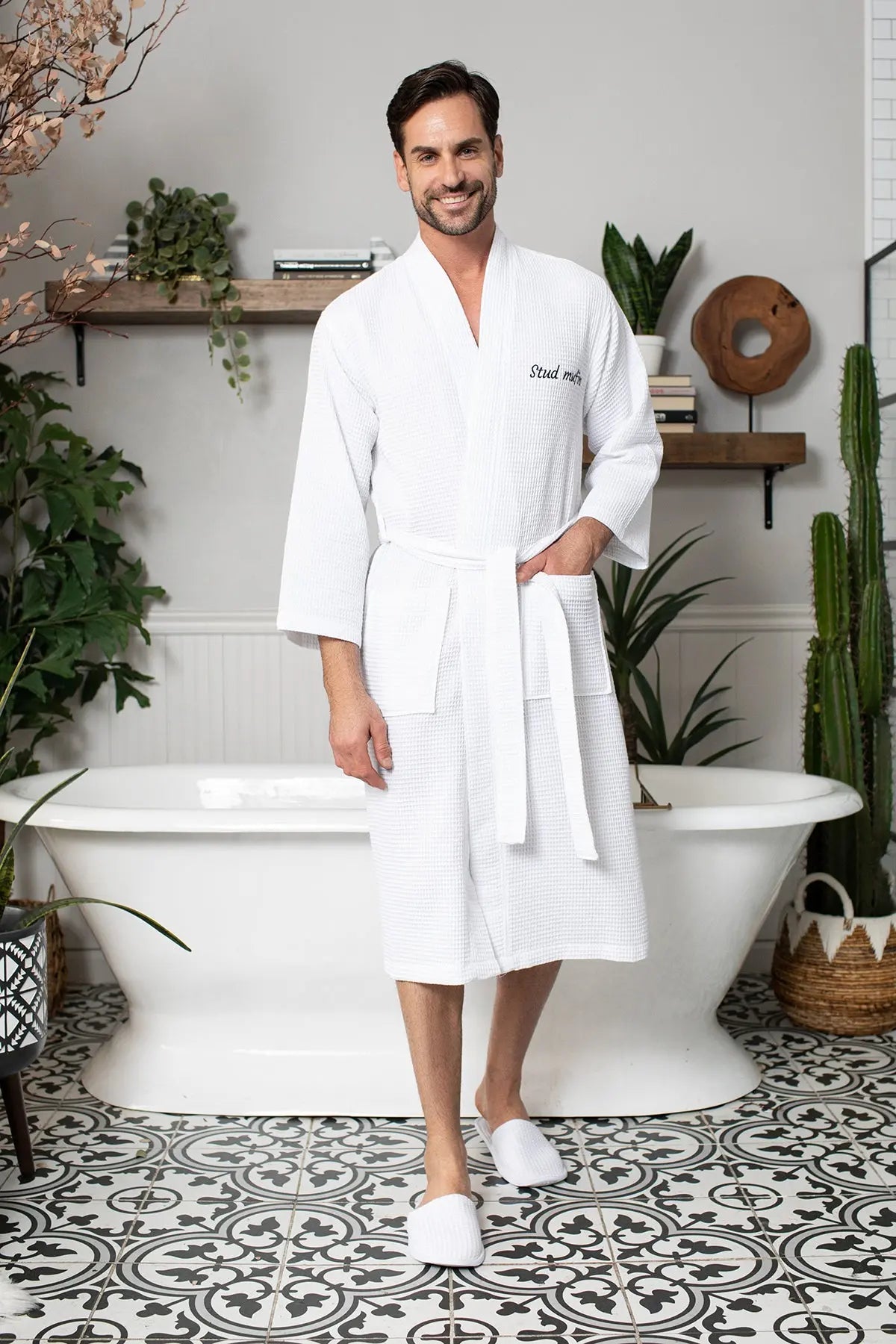 Men's Waffle Kimono Robe: Absorbent Lightweight Spa Wear