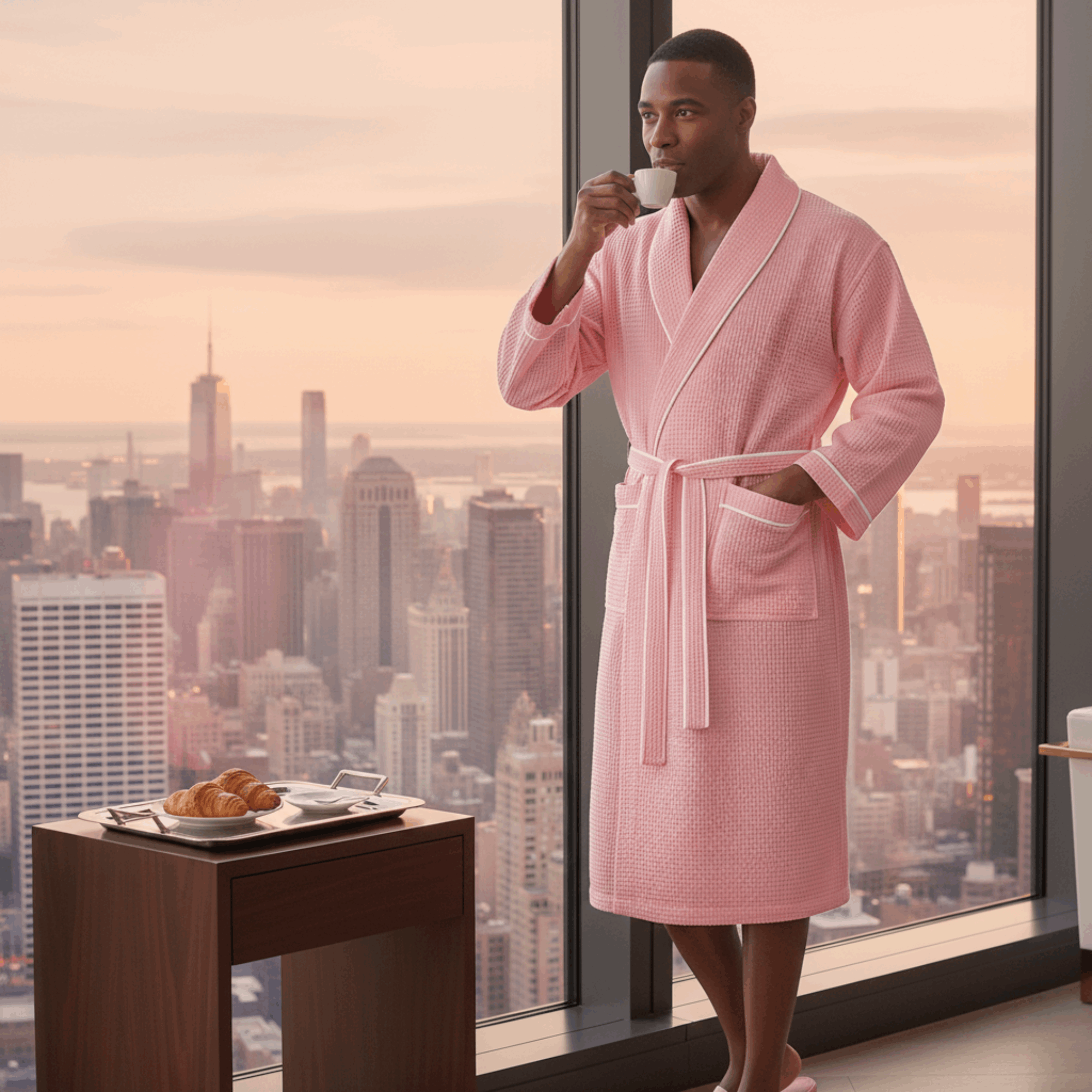 Premium Men's Waffle Robe with Contrast Piping Detail