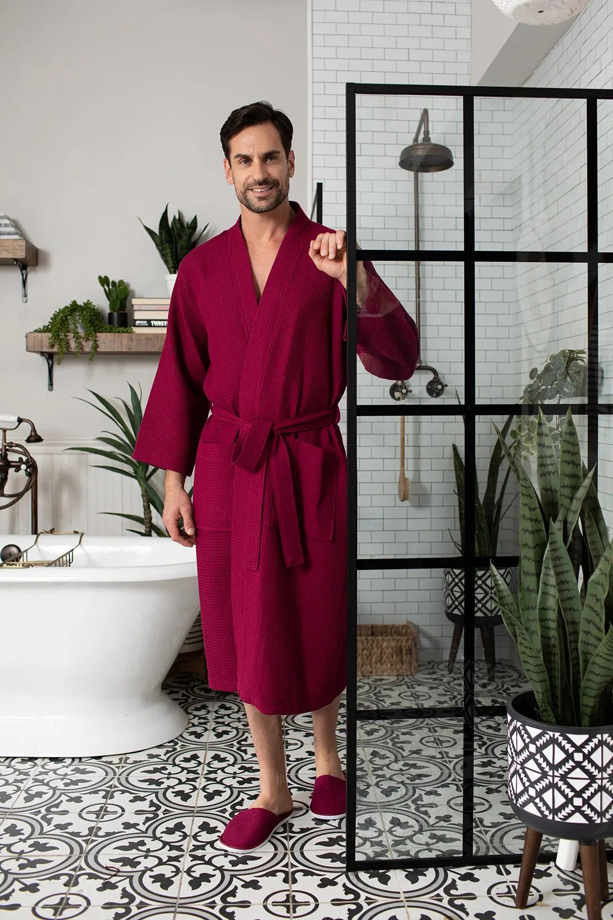 Men's Waffle Kimono Robe: Absorbent Lightweight Spa Wear