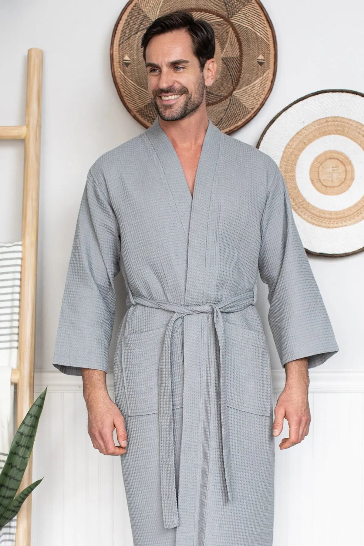Men's Waffle Kimono Robe: Absorbent Lightweight Spa Wear