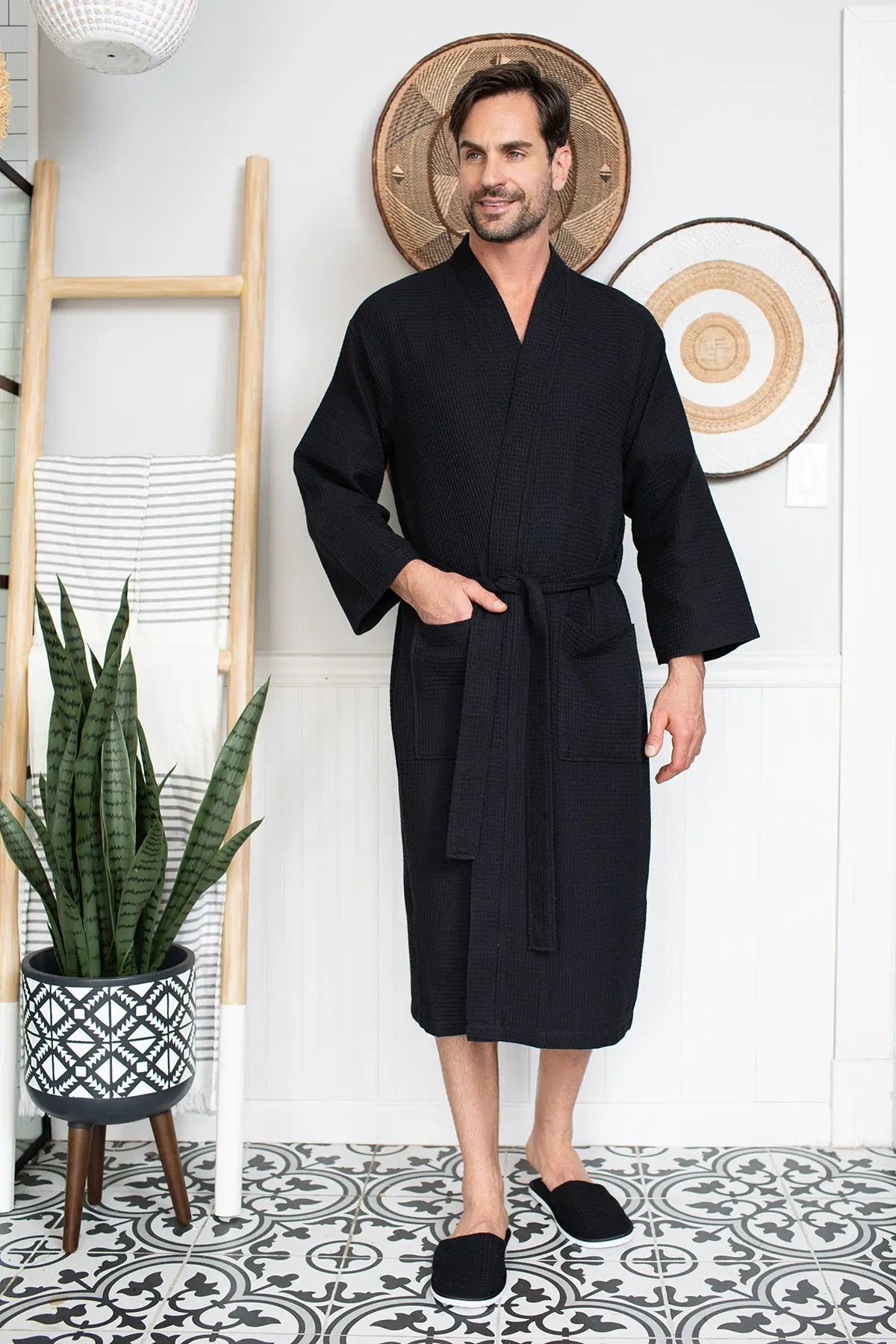 Men's Waffle Kimono Robe: Absorbent Lightweight Spa Wear