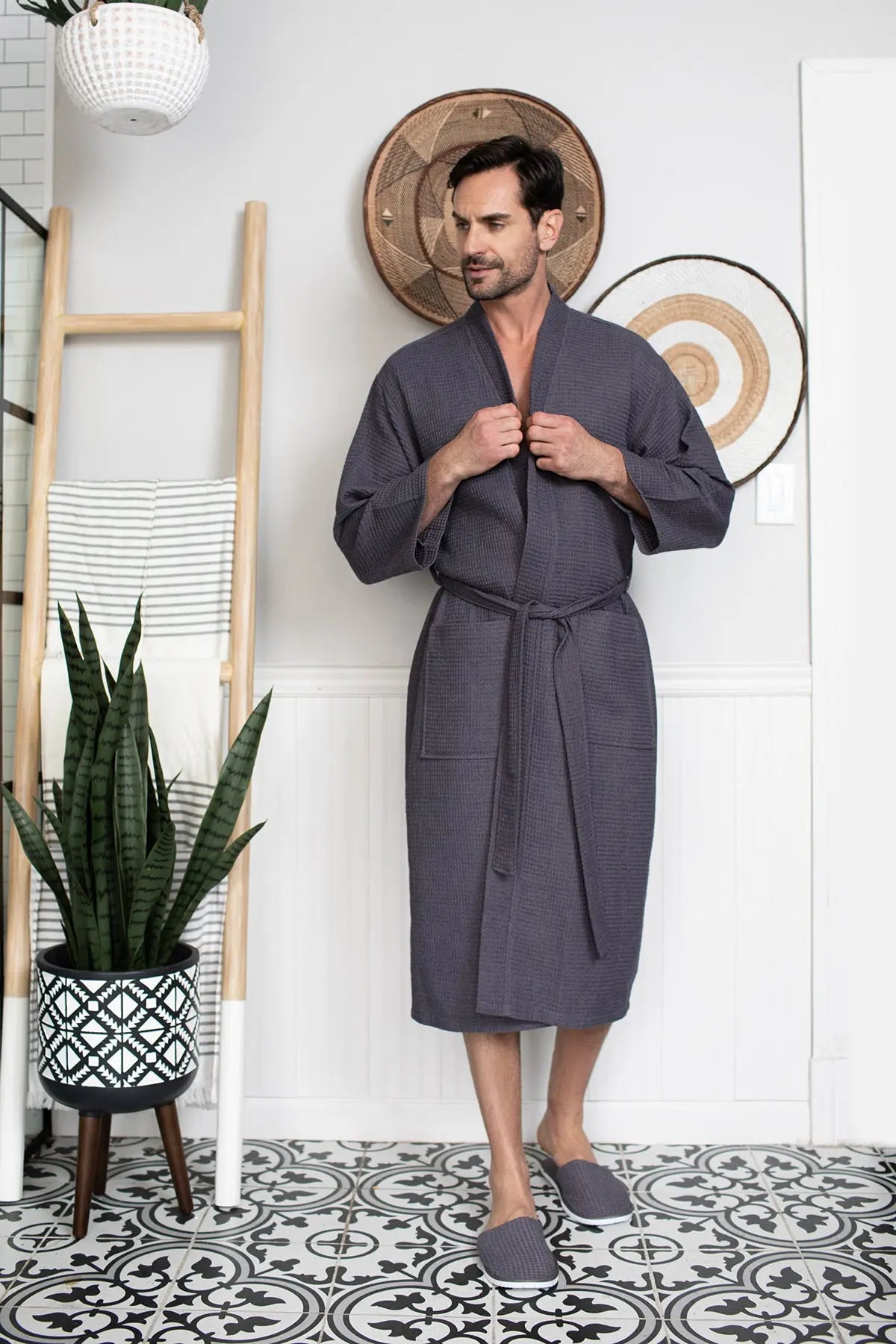 Men's Waffle Kimono Robe: Absorbent Lightweight Spa Wear