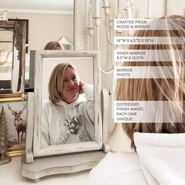Distressed White Adjustable Wood Vanity Mirror – 18” Rustic Farmhouse Style
