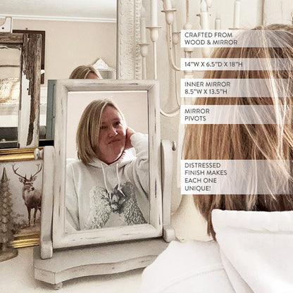 Distressed White Adjustable Wood Vanity Mirror – 18” Rustic Farmhouse Style