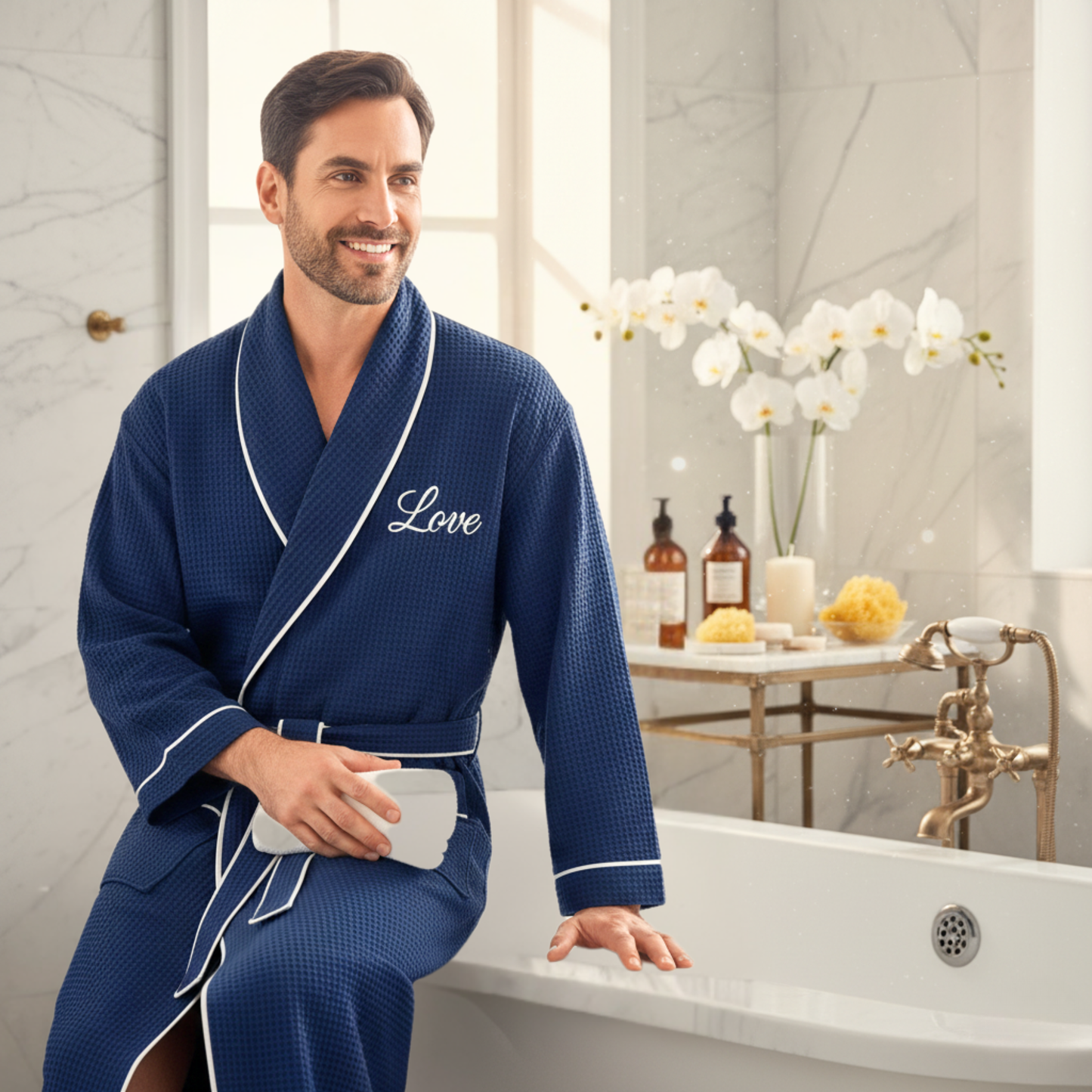 Premium Men's Waffle Robe with Contrast Piping Detail